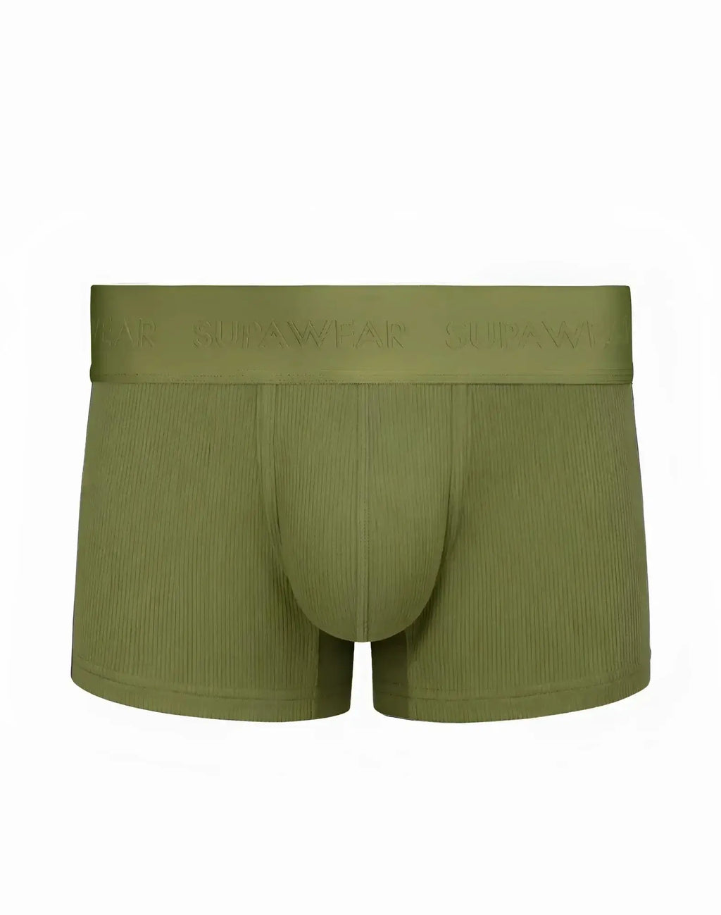Olive green ribbed cotton SUPAWEAR trunk underwear with a branded elastic waistband shown from the back side