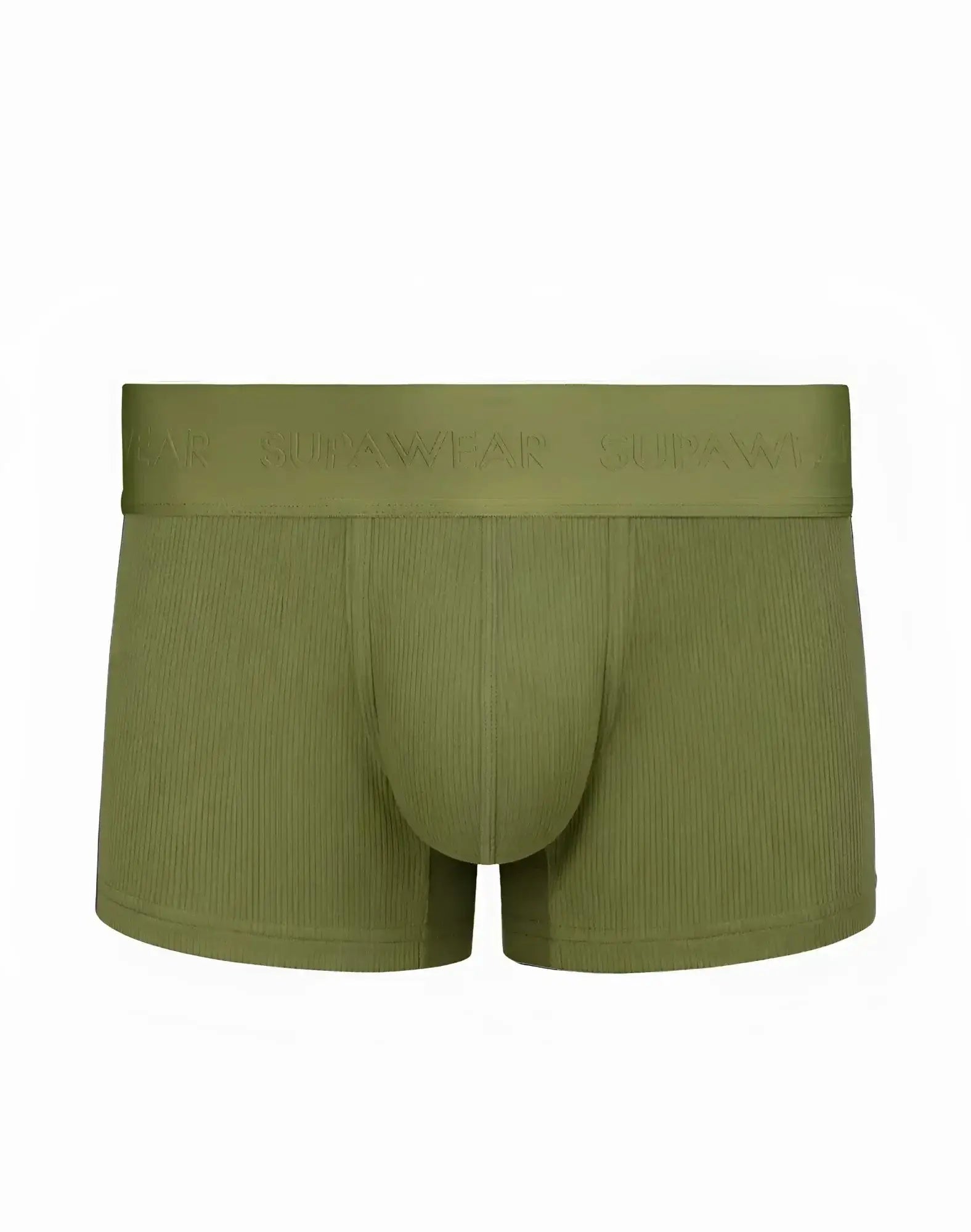 Olive green ribbed cotton SUPAWEAR trunk underwear with a branded elastic waistband shown from the back side