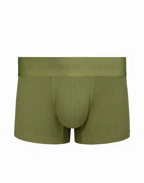Olive green ribbed cotton SUPAWEAR trunk underwear with a branded elastic waistband shown from the back side