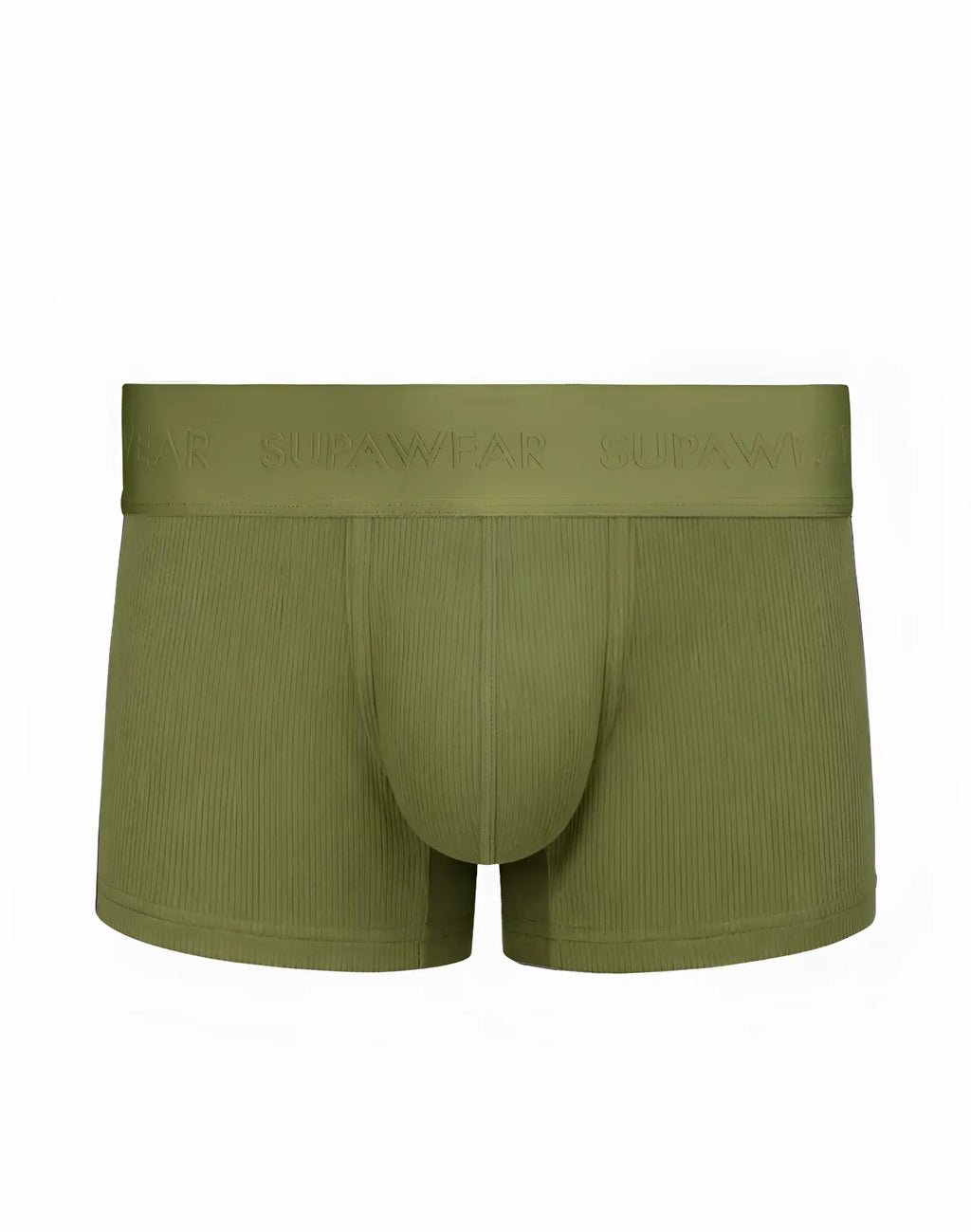 Olive green ribbed cotton SUPAWEAR trunk underwear with a branded elastic waistband shown from the back side