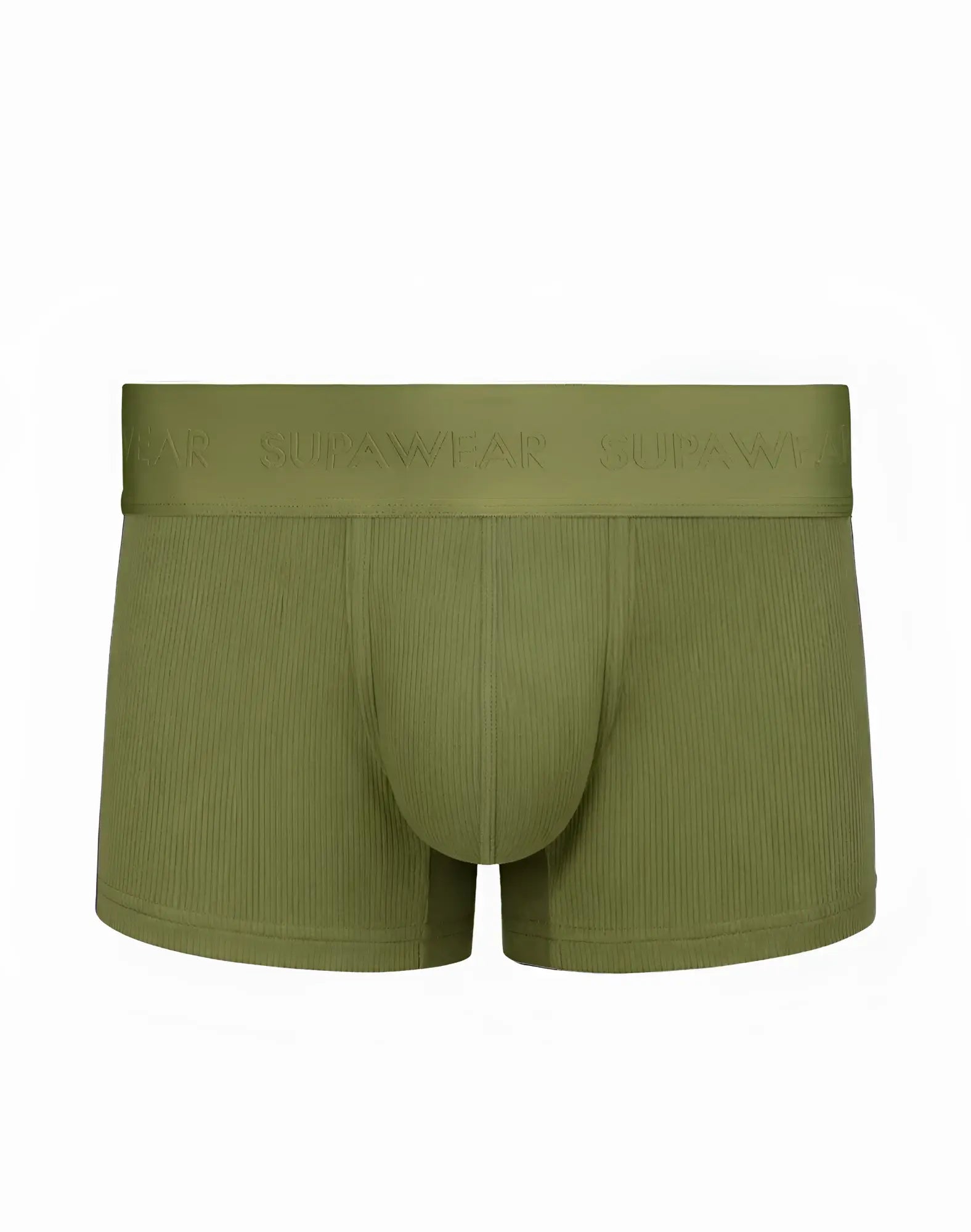 Olive green ribbed cotton SUPAWEAR trunk underwear with a branded elastic waistband shown from the back side