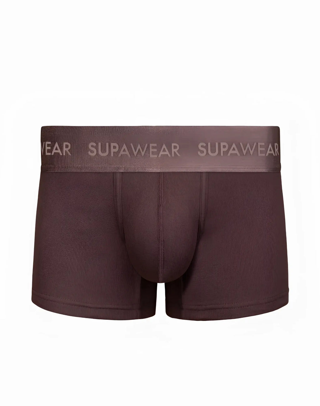 Brown supawear ribbed trunks underwear with matching elastic waistband and subtle brand lettering in peppercorn color