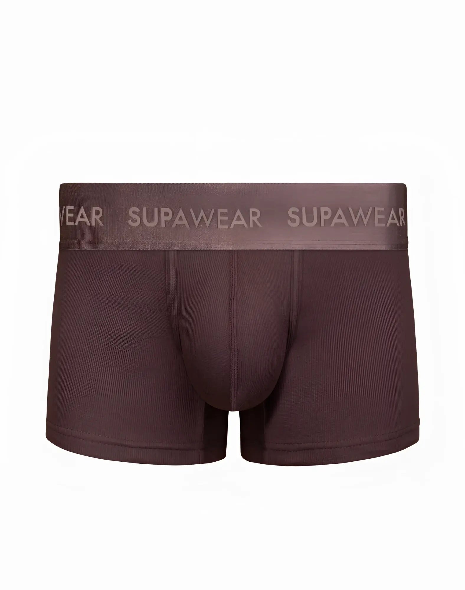 Brown supawear ribbed trunks underwear with matching elastic waistband and subtle brand lettering in peppercorn color