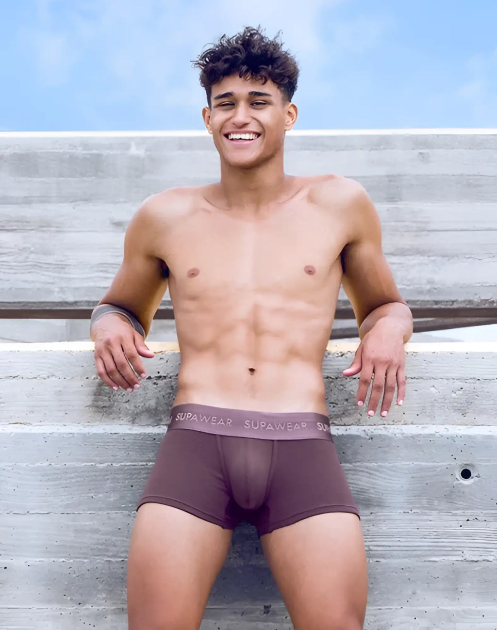 Brown supawear ribbed trunks underwear with subtle elastic waistband featuring the brand logo in peppercorn color