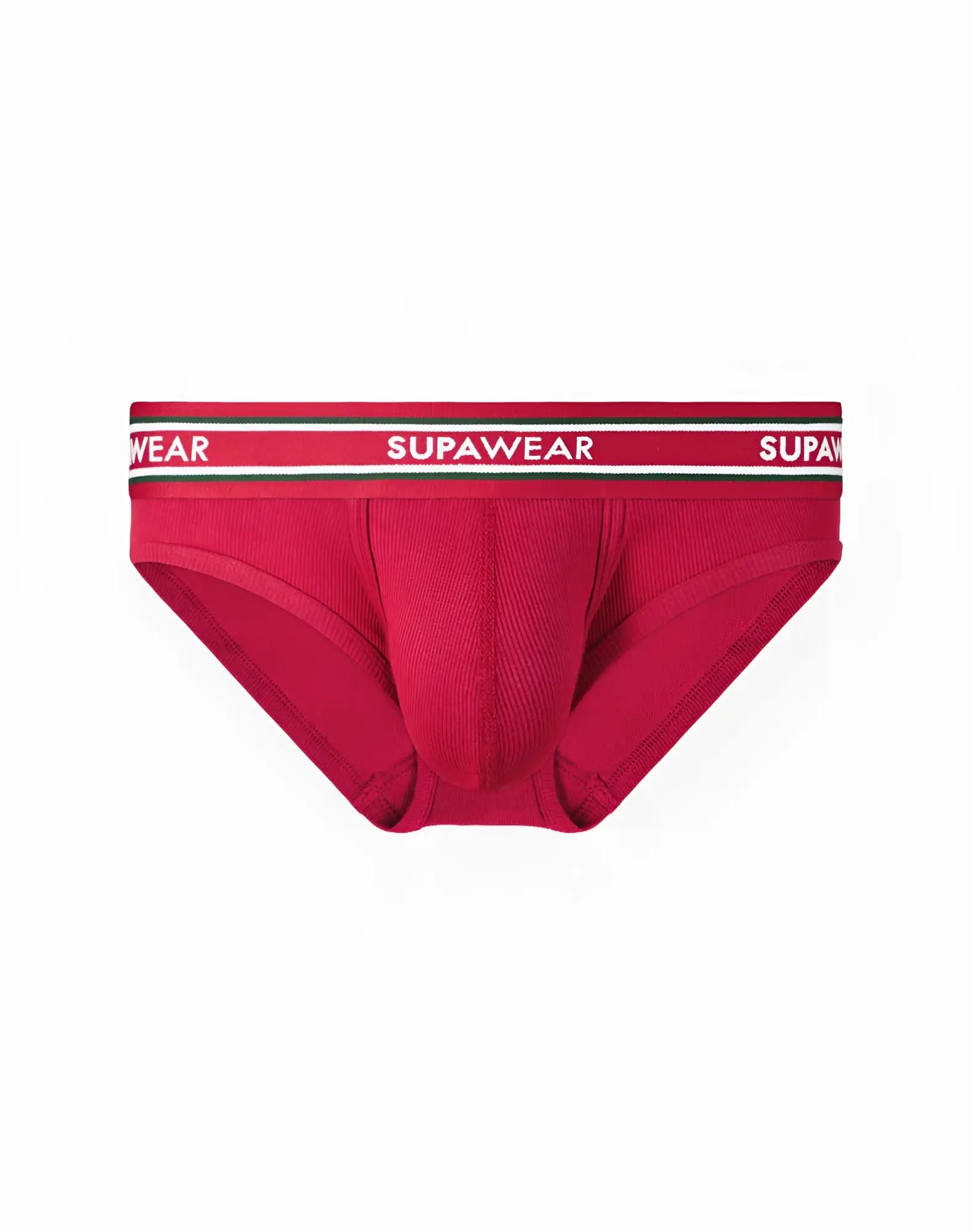 Red supawear ribbed varsity brief underwear featuring a striped waistband with the brand name in white lettering