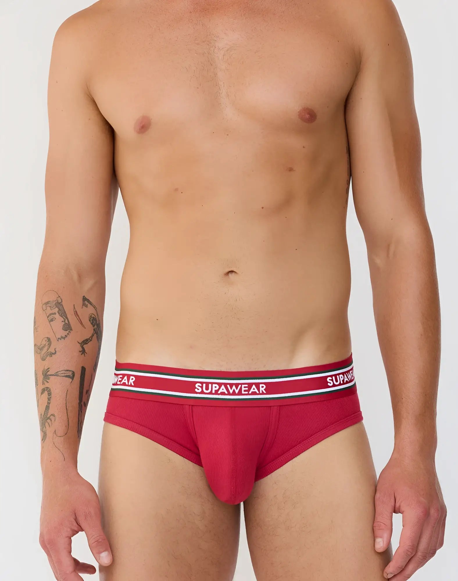 Red supawear ribbed varsity briefs with a striped white and black waistband trim for comfortable everyday wear