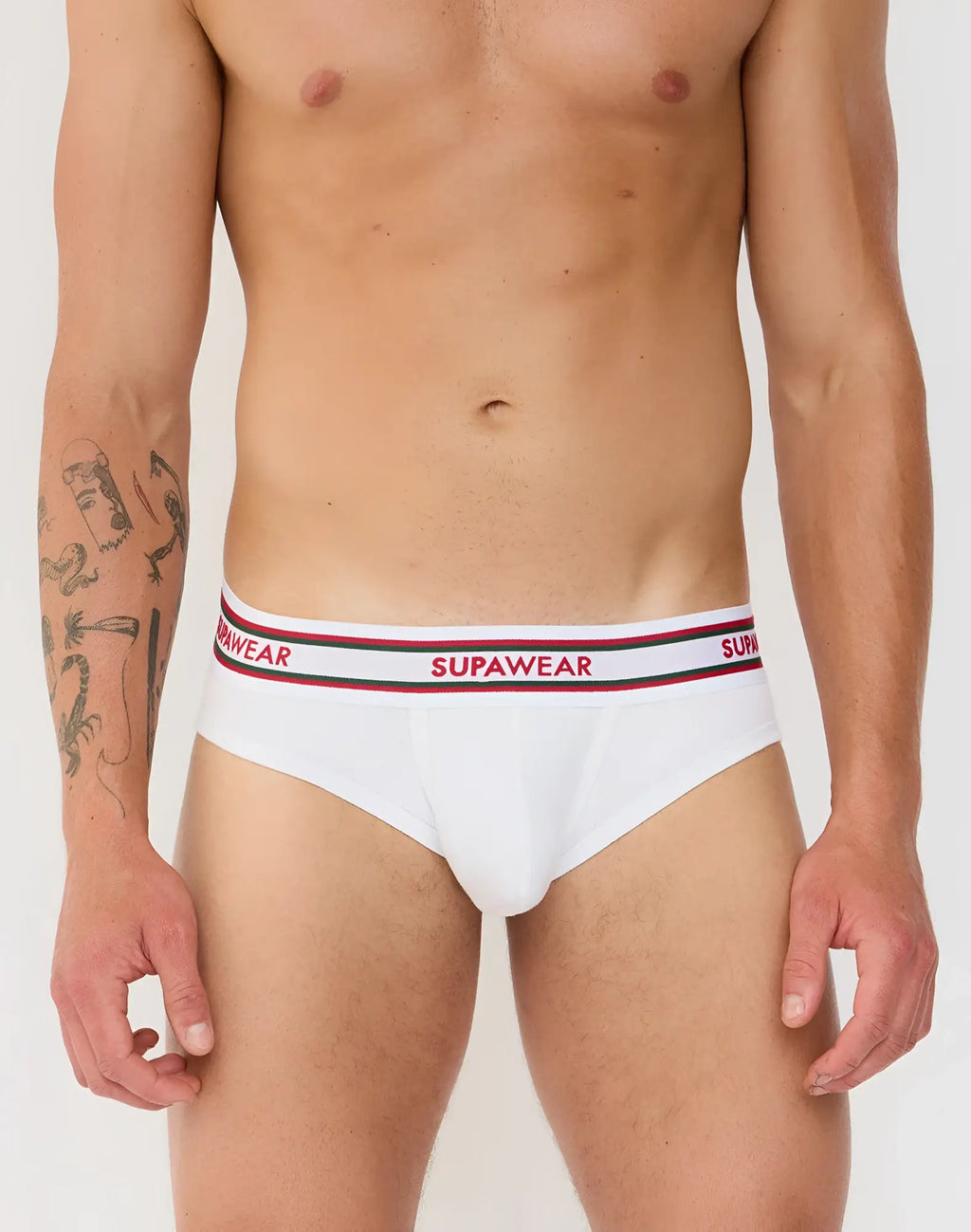 White supawear ribbed varsity brief underwear with red and black striped waistband made of comfortable fabric