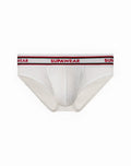 White supawear ribbed varsity brief underwear with red and black striped waistband and bold brand lettering