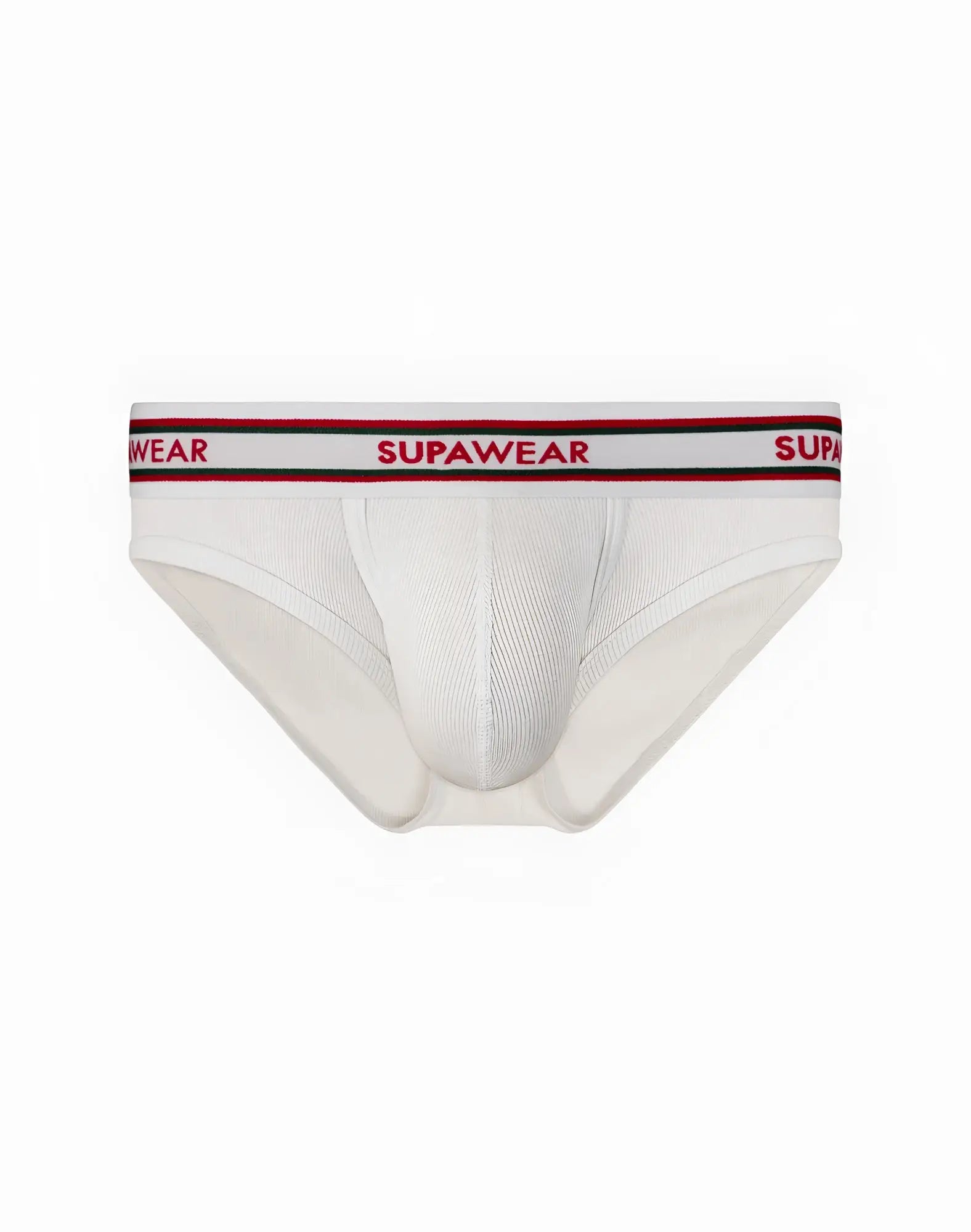 White supawear ribbed varsity brief underwear with red and black striped waistband and bold brand lettering