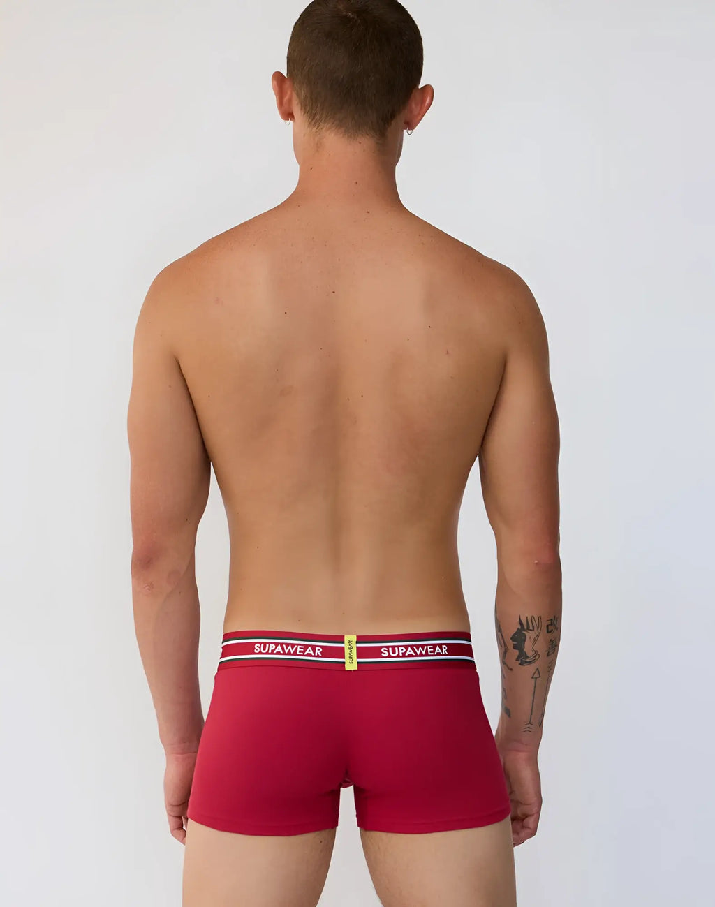 Red supawear ribbed varsity trunk underwear with white and red striped waistband and black brand lettering