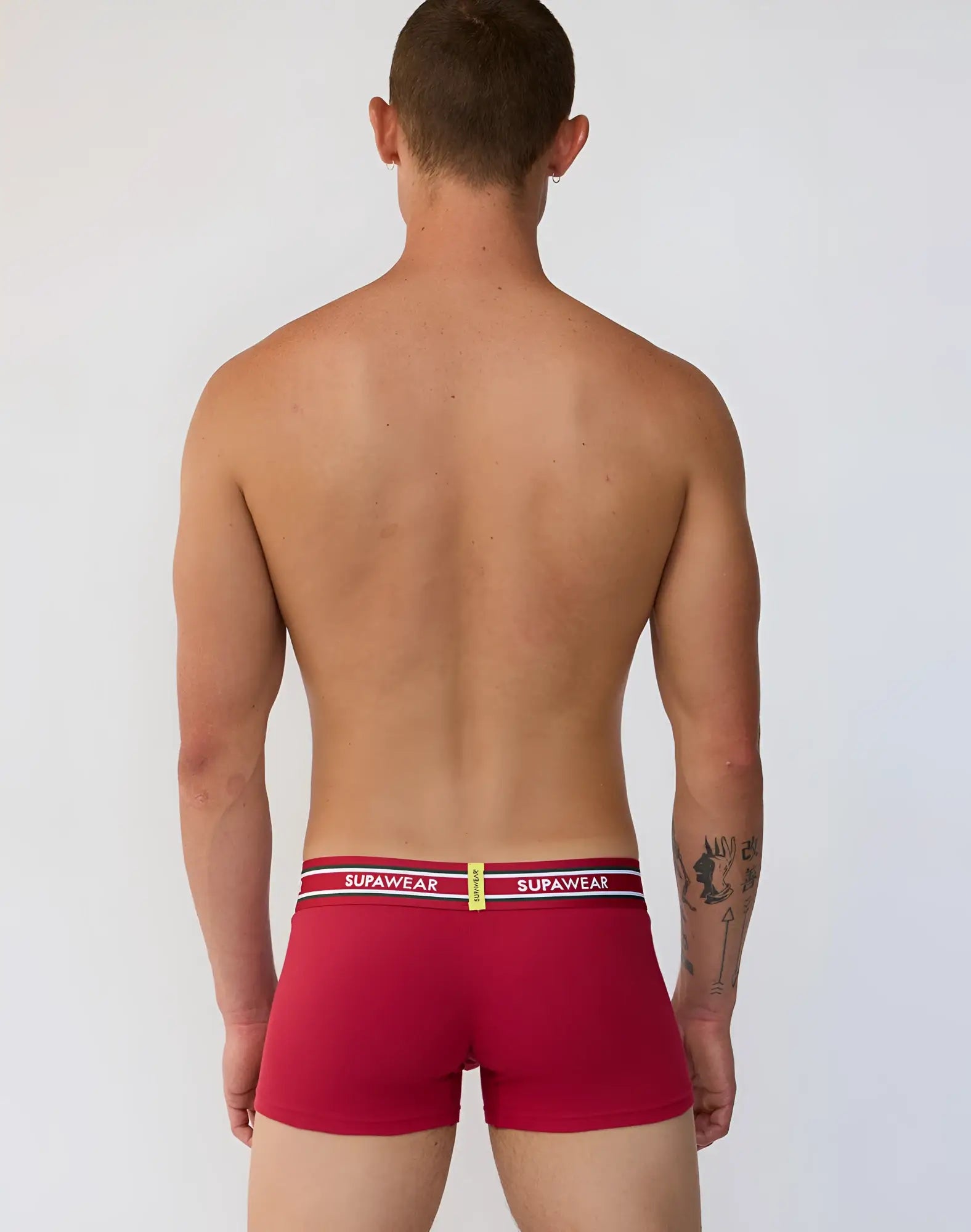 Red supawear ribbed varsity trunk underwear with white and red striped waistband and black brand lettering