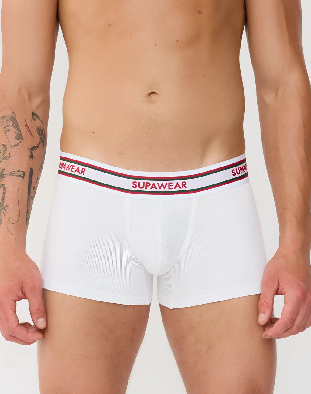 White supawear ribbed varsity trunk underwear with a red and black striped waistband featuring bold brand lettering