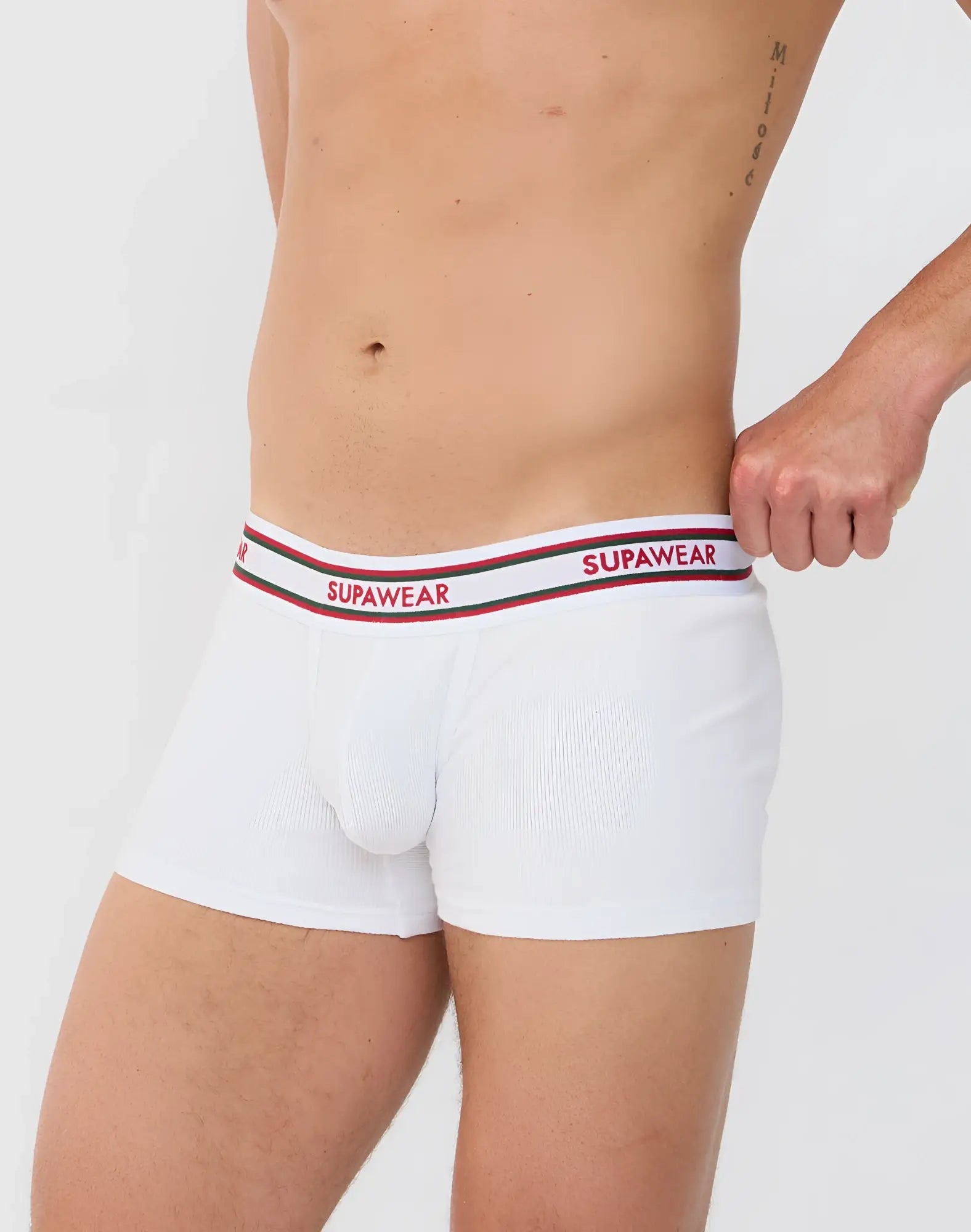 White supawear ribbed varsity trunk underwear with a red and black striped waistband featuring brand name