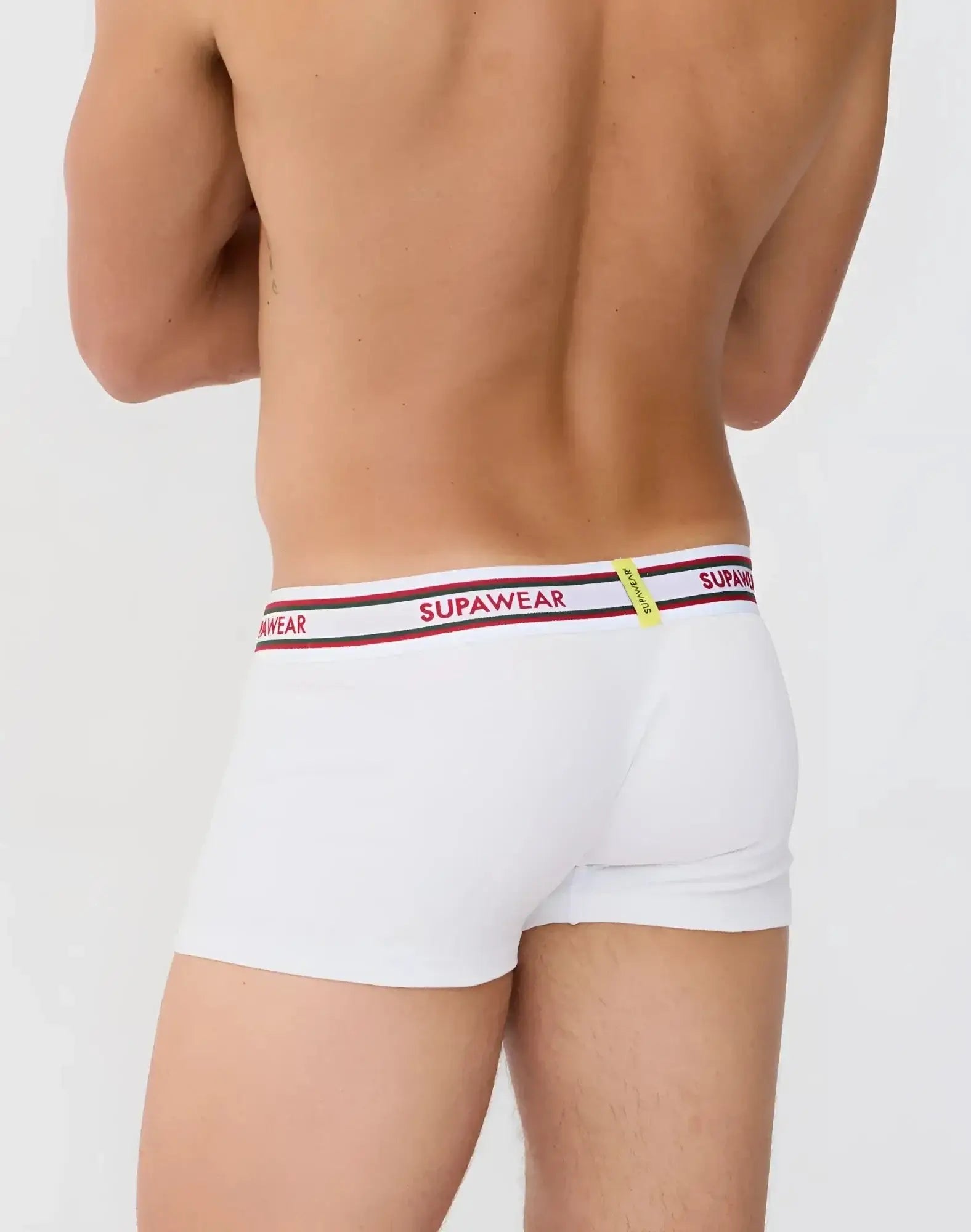 White supawear ribbed varsity trunk underwear boxer briefs with red and black striped waistband and bold brand name