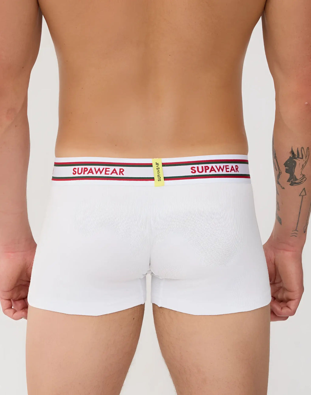 White supawear ribbed varsity trunk underwear boxer briefs with red and black striped waistband and bold brand lettering