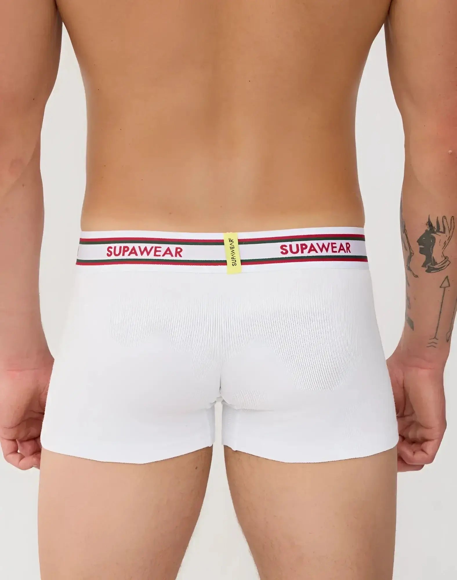 White supawear ribbed varsity trunk underwear boxer briefs with red and black striped waistband and bold brand lettering