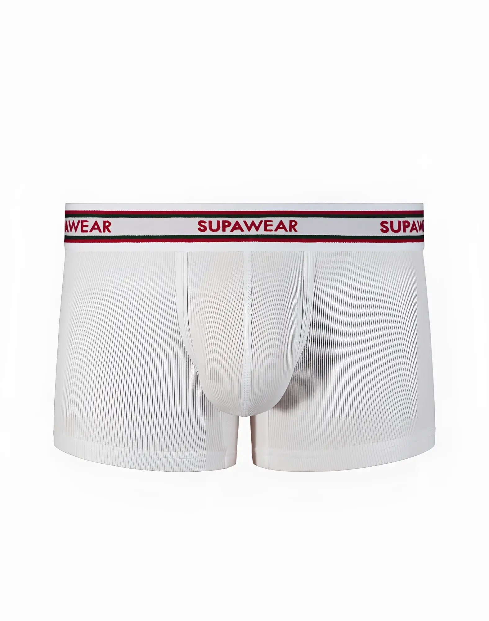 Supawear ribbed varsity trunk underwear in white with ribbed texture and red and black branded waistband for men