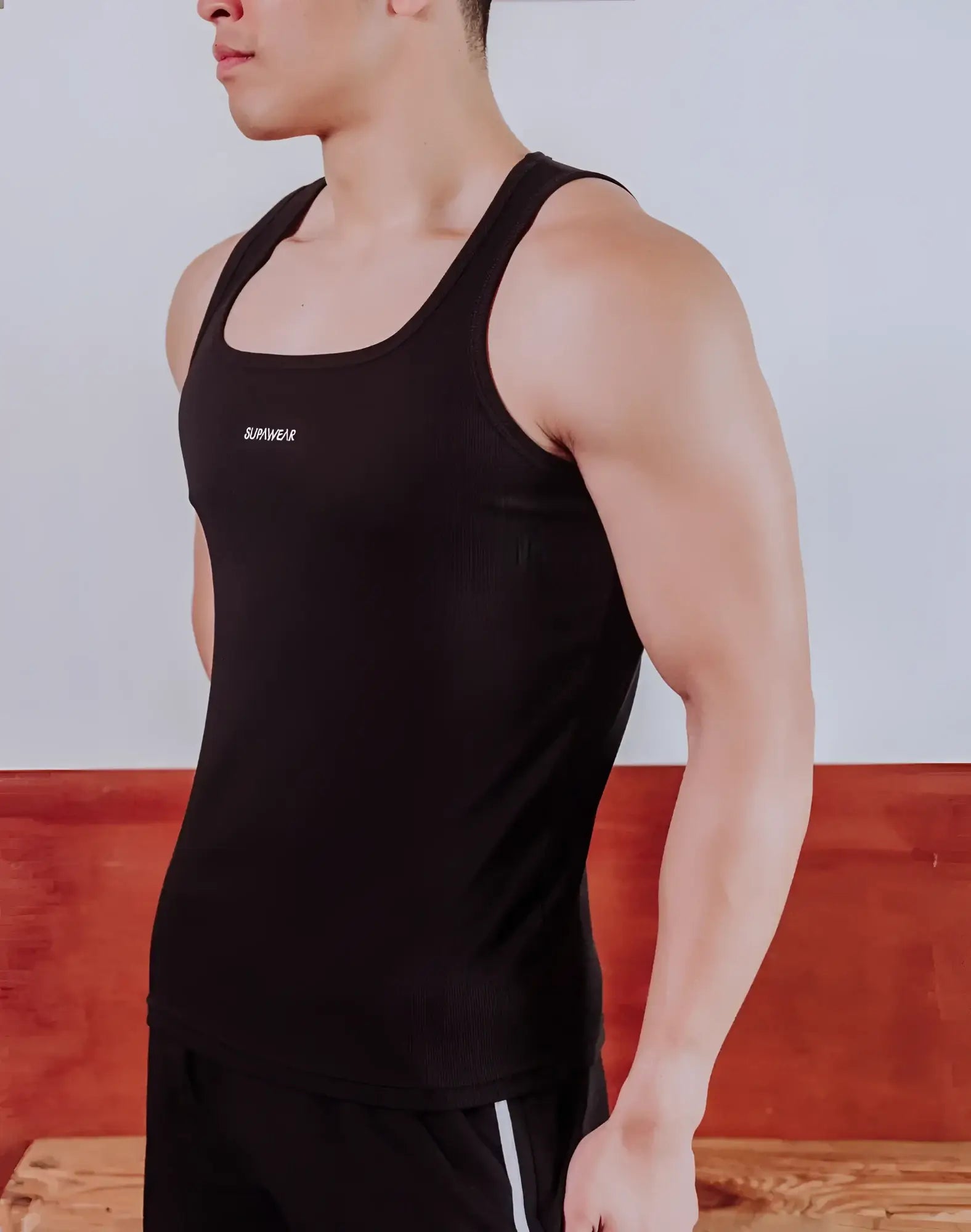 SupaWear semi-squared singlet in black ribbed fabric with summwear logo on the left chest