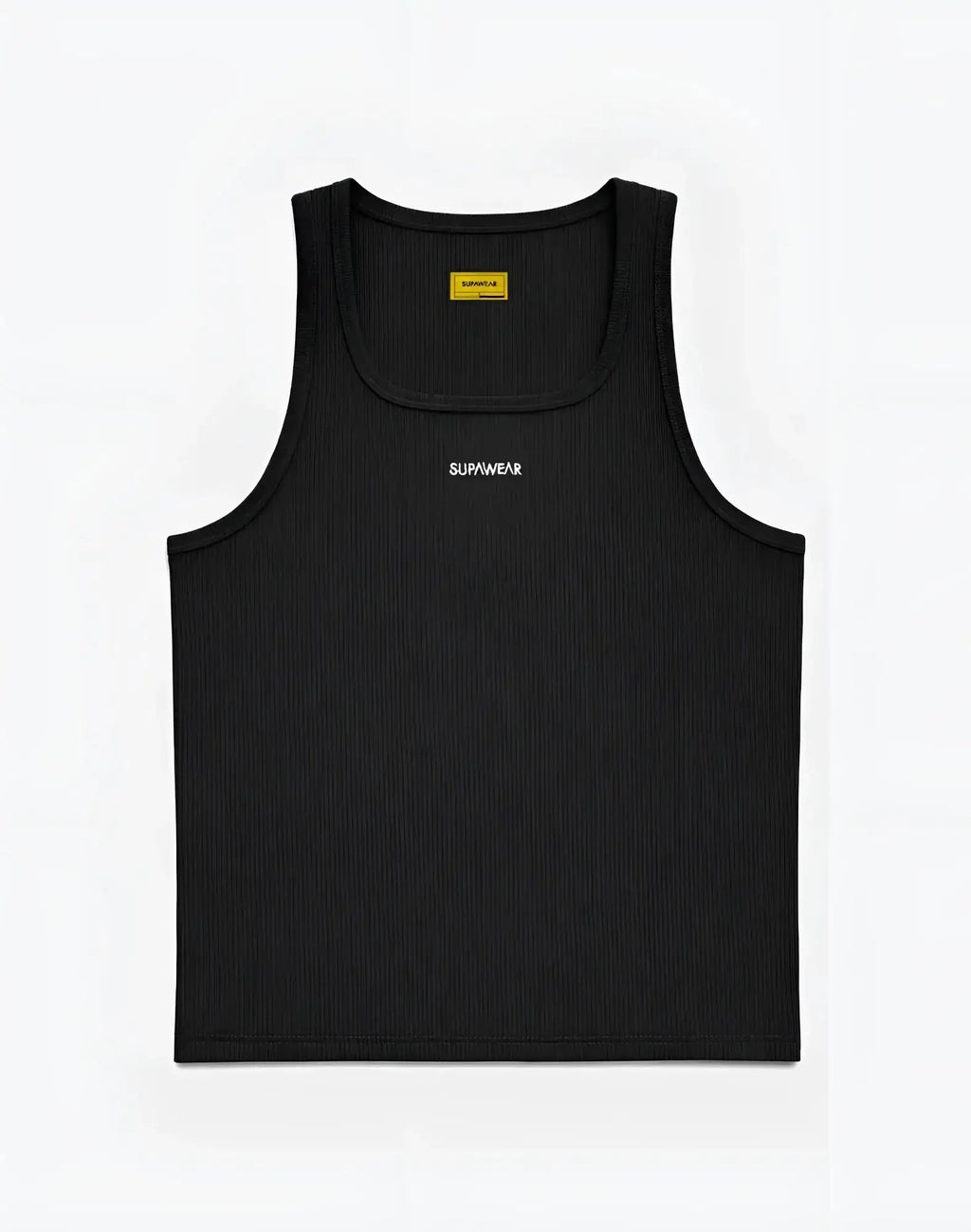 Black ribbed SUPAWEAR semi-squared singlet with white embroidery across the chest and yellow neckline label