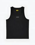 Black ribbed SUPAWEAR semi-squared singlet with white embroidery across the chest and yellow neckline label