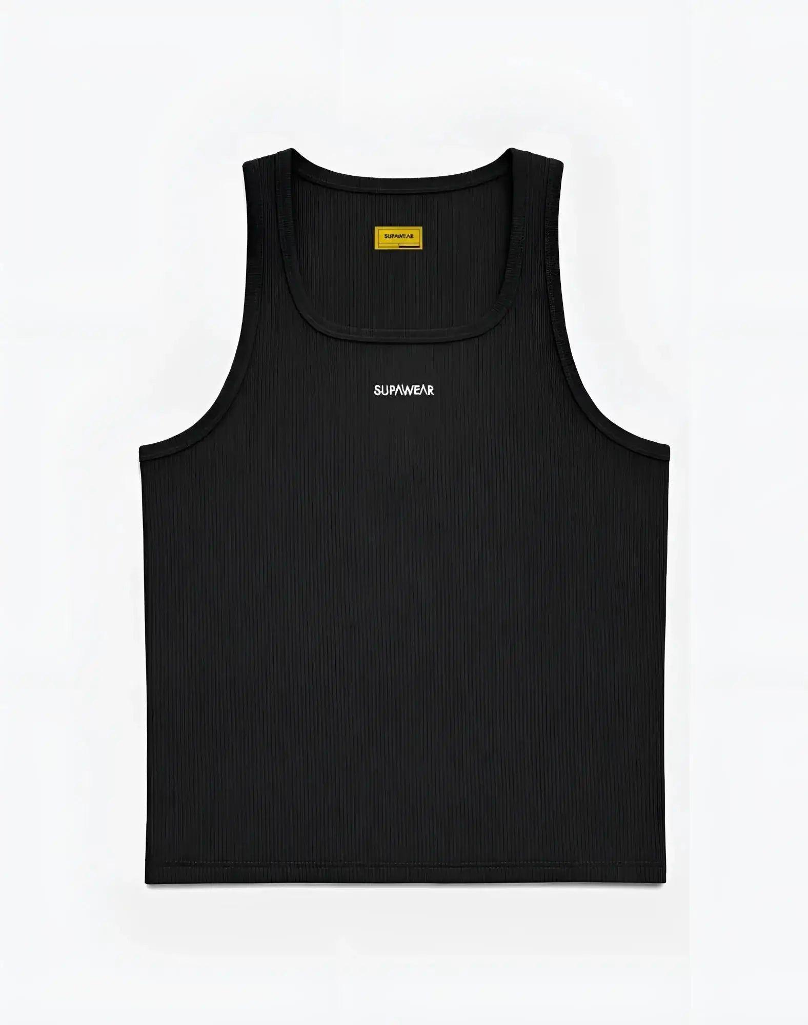 Black ribbed SUPAWEAR semi-squared singlet with white embroidery across the chest and yellow neckline label