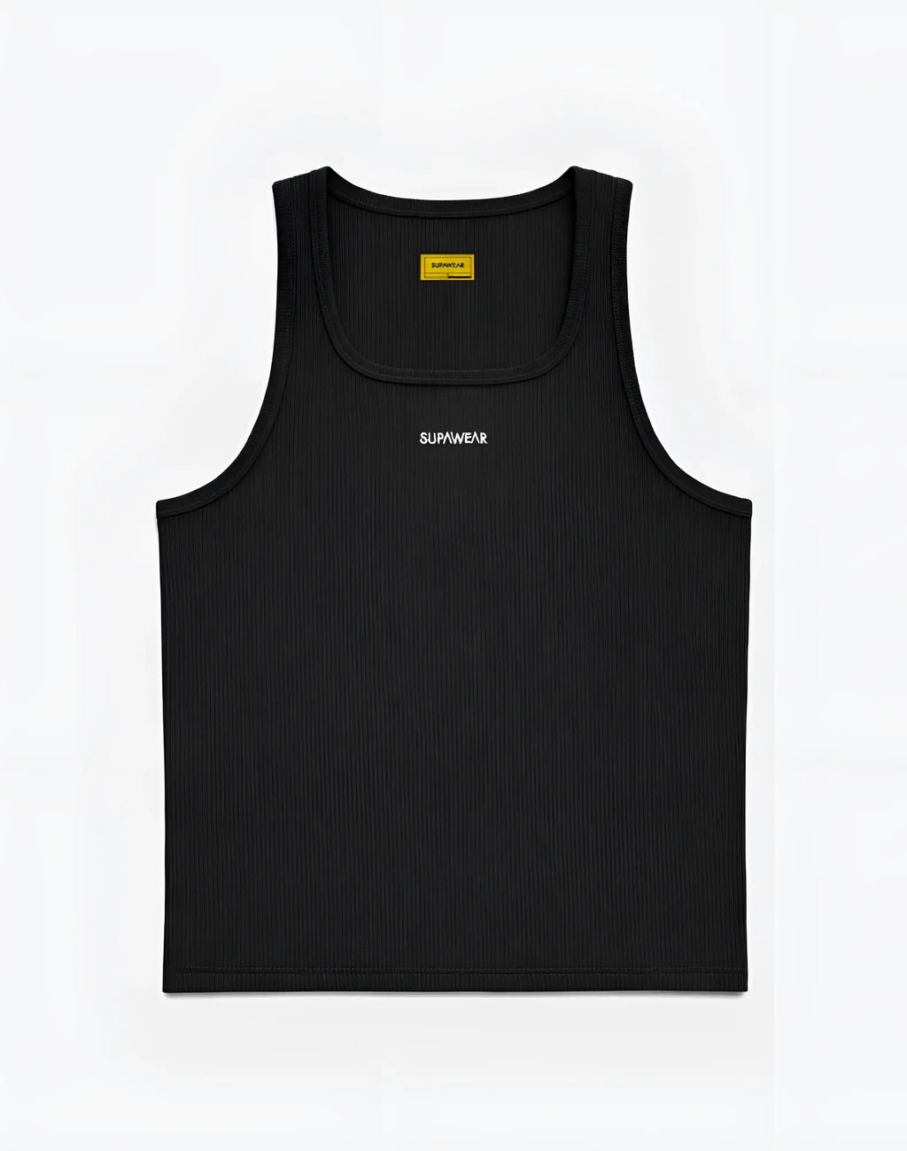 Black ribbed SUPAWEAR semi-squared singlet with white embroidery across the chest and yellow neckline label