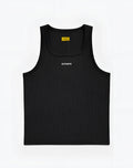 Black ribbed SUPAWEAR semi-squared singlet with white embroidery across the chest and yellow neckline label