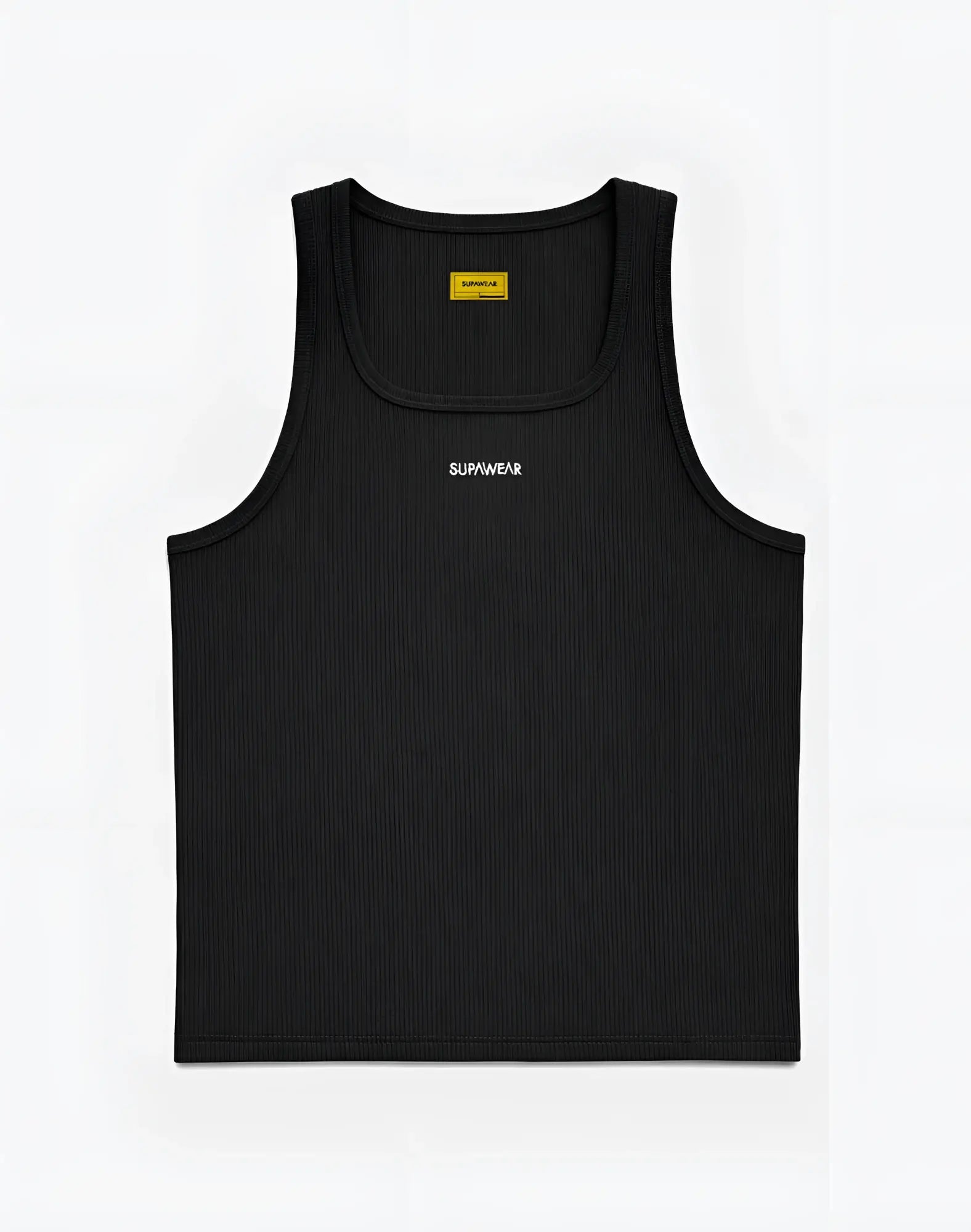 Black ribbed SUPAWEAR semi-squared singlet with white embroidery across the chest and yellow neckline label