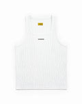 White supawear semi-squared singlet tank top with black embroidered branding for casual and active wear