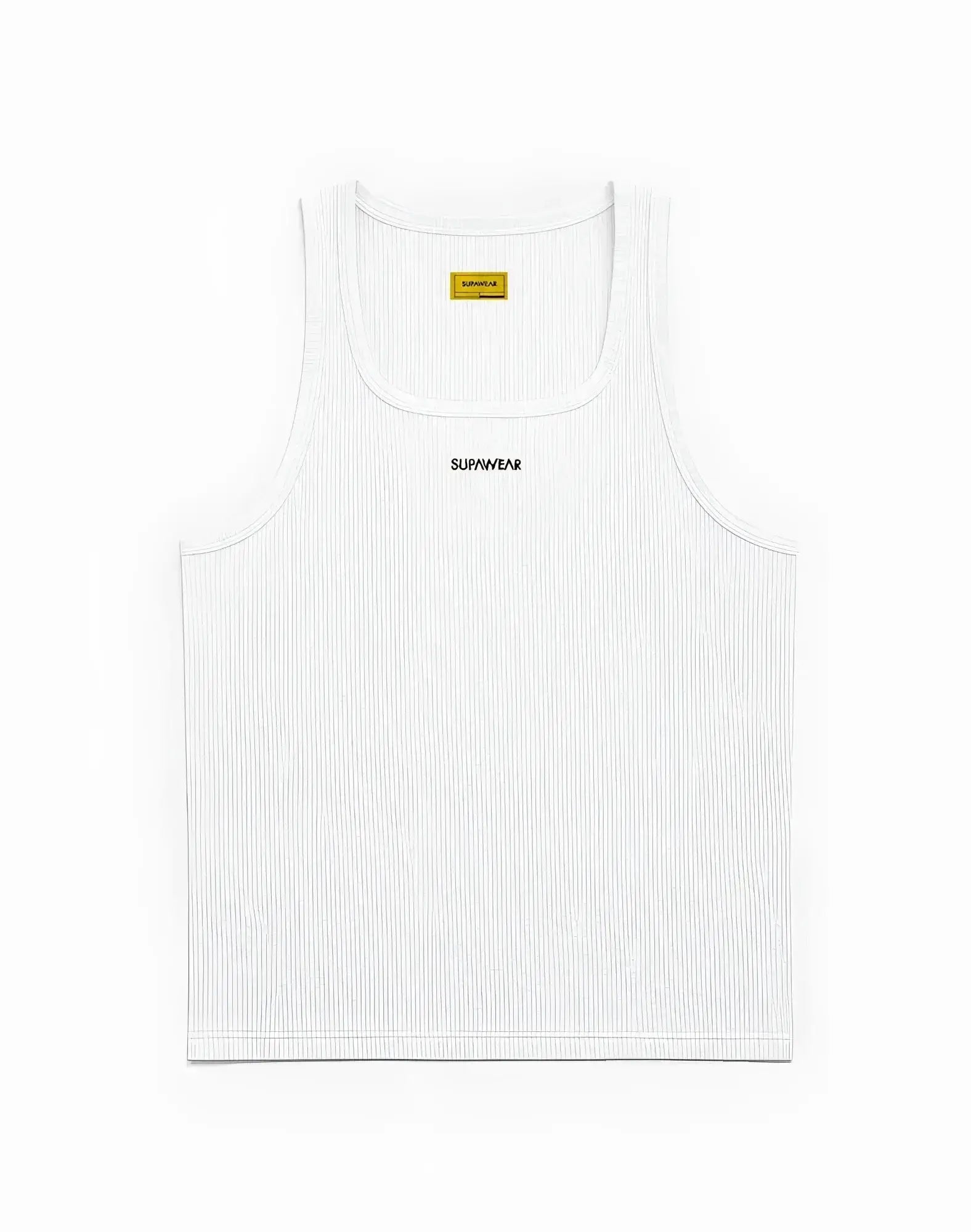 White supawear semi-squared singlet tank top with black embroidered branding for casual and active wear