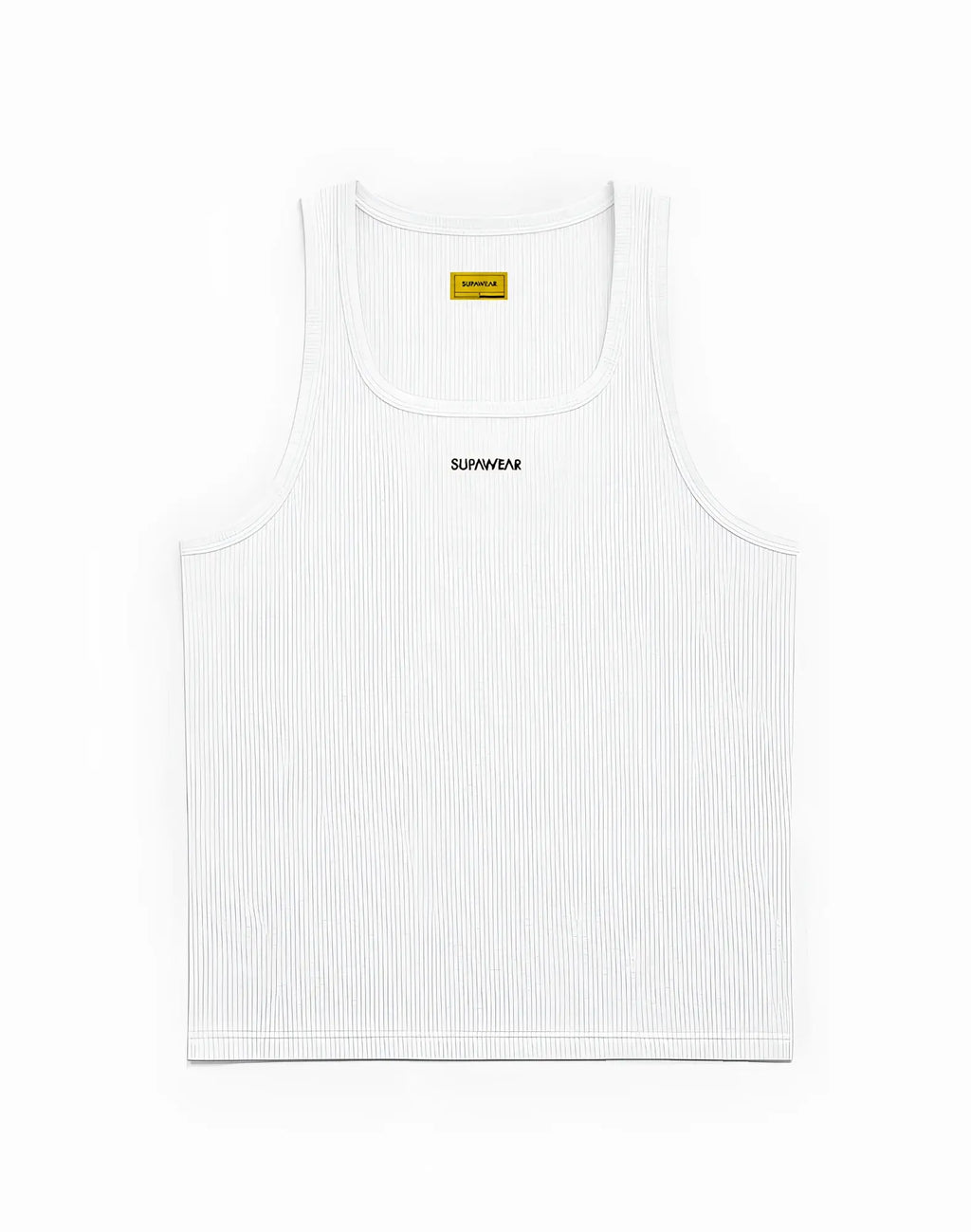 White supawear semi-squared singlet tank top with black embroidered branding for casual and active wear