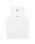 White supawear semi-squared singlet tank top with black embroidered branding for casual and active wear