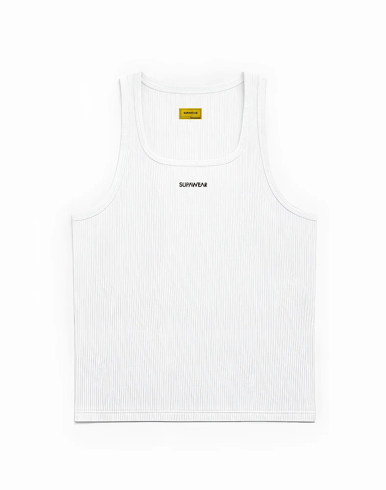White supawear semi-squared singlet tank top with black embroidered branding for casual and active wear