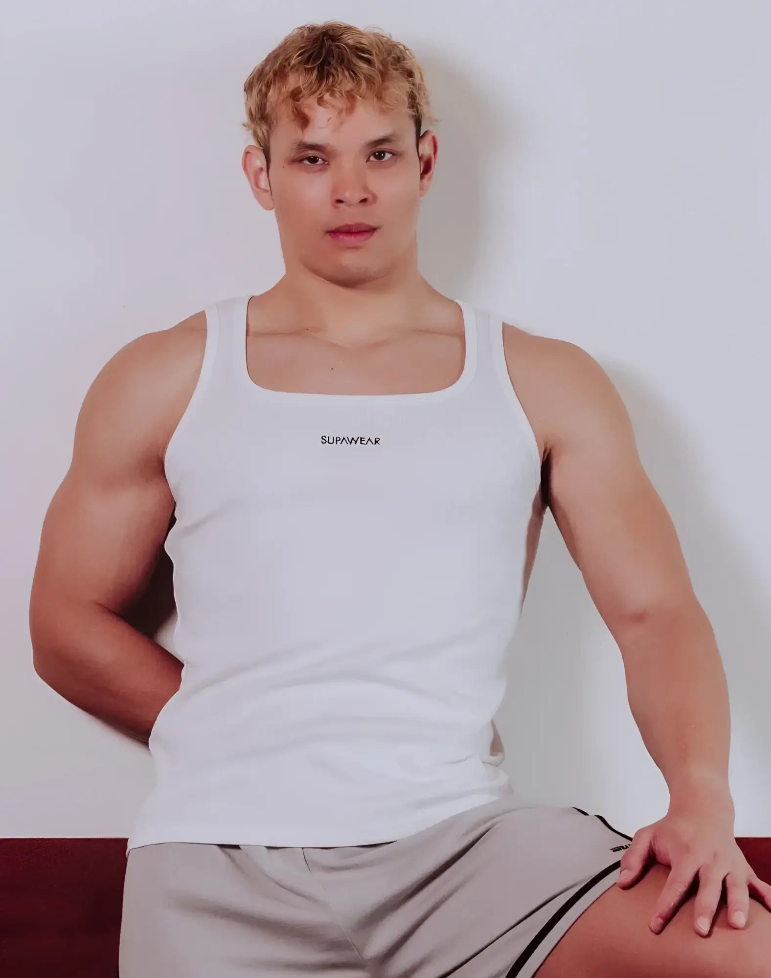 SupaWear semi-squared singlet white tank top with square neckline and subtle black branding on the chest