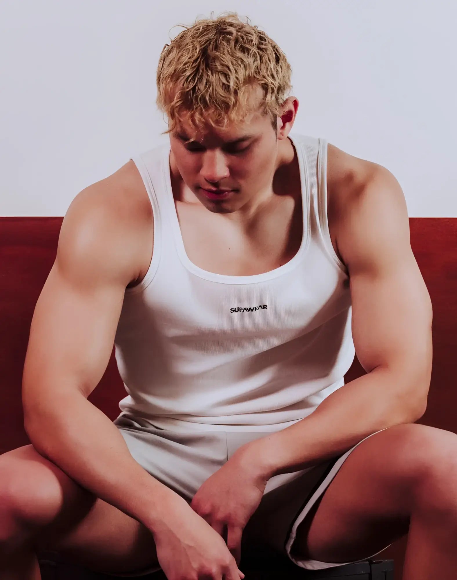 SupaWear semi squared singlet white tank top with subtle textured fabric and supreme embroidery on upper left chest