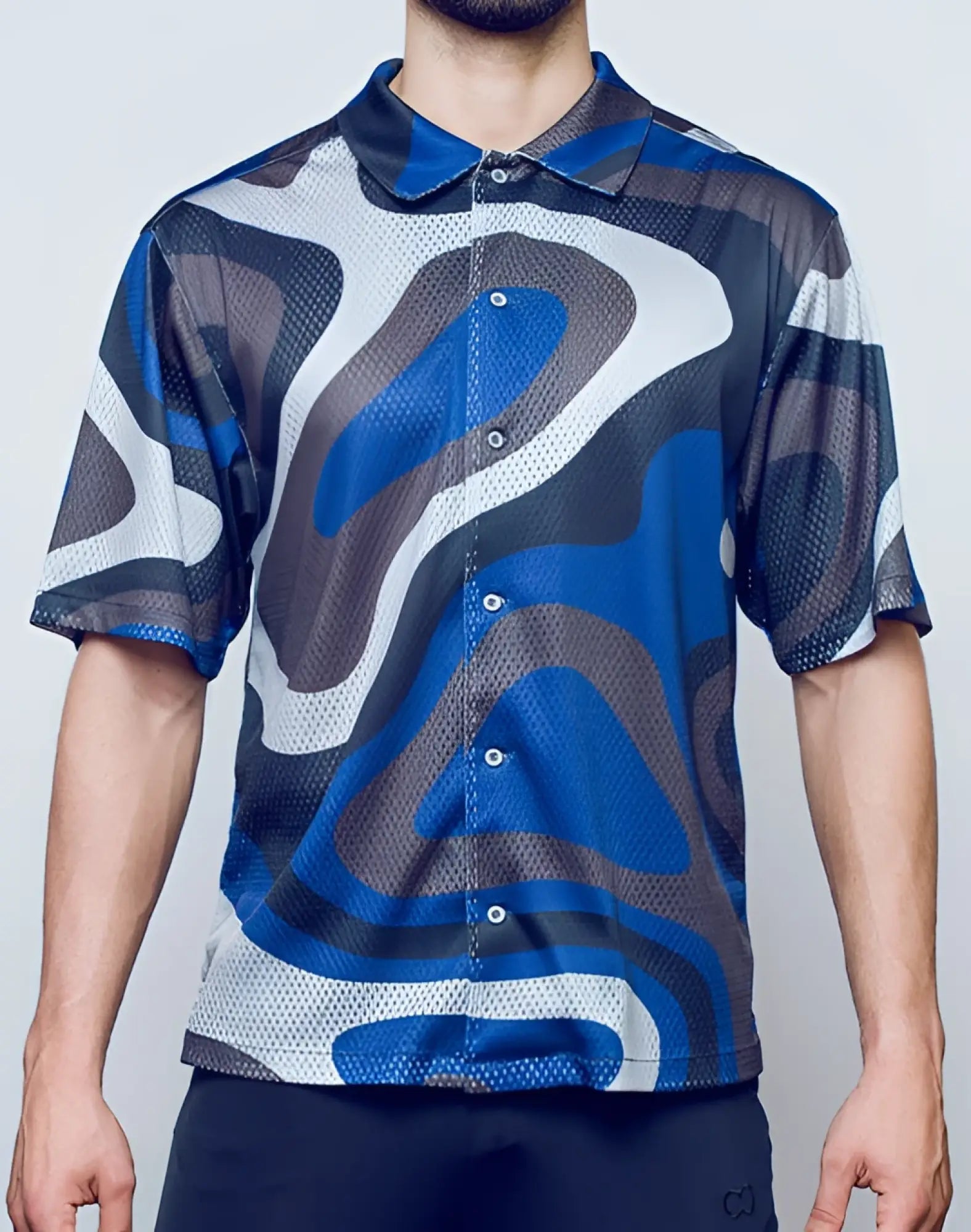 SupaWear short sleeve mesh polo shirt with blue combo abstract wave pattern in blue gray and white colors