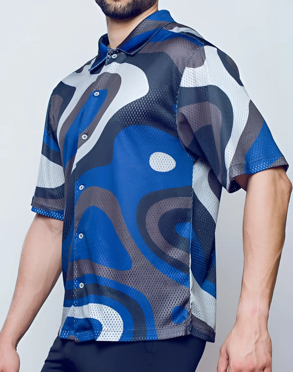 SupaWear short sleeve mesh button-up shirt with blue gray and white abstract wave pattern in breathable fabric