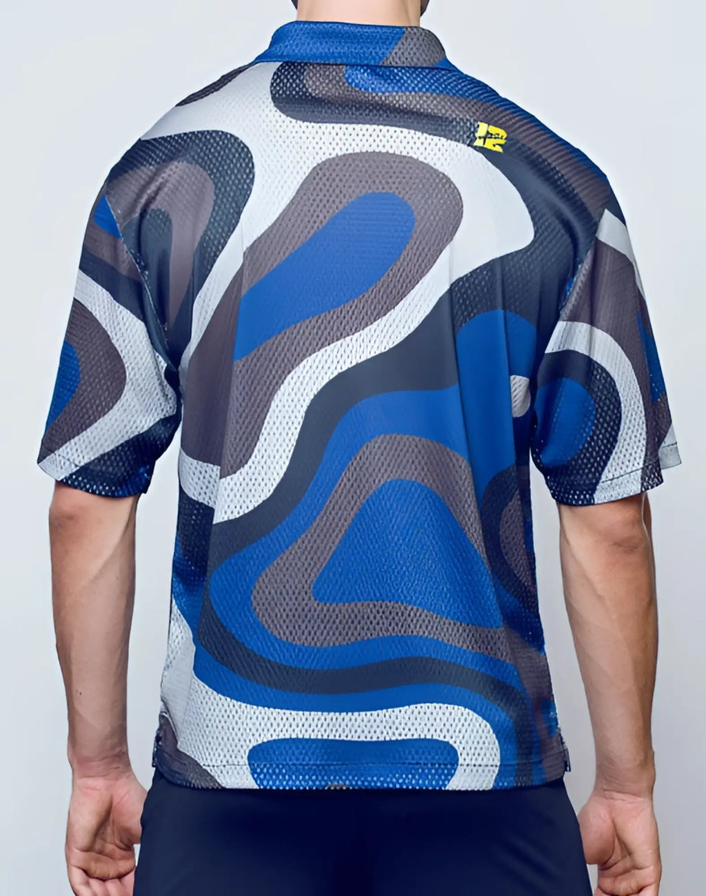 SupaWear short sleeve mesh polo shirt in blue gray and white wavy pattern made of breathable mesh fabric