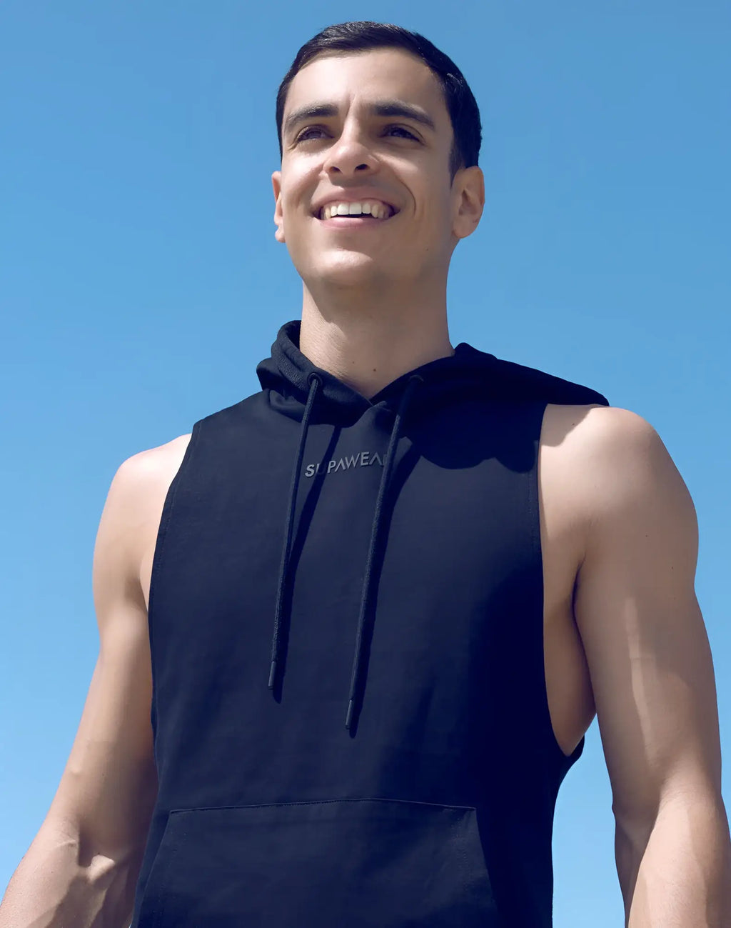 SupaWear sleeveless hoodie black with drawstrings and front pocket made from soft cotton blend for casual wear