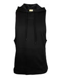 SupaWear black sleeveless hoodie with drawstring hood front pocket and subtle Sumawear logo embroidered on chest