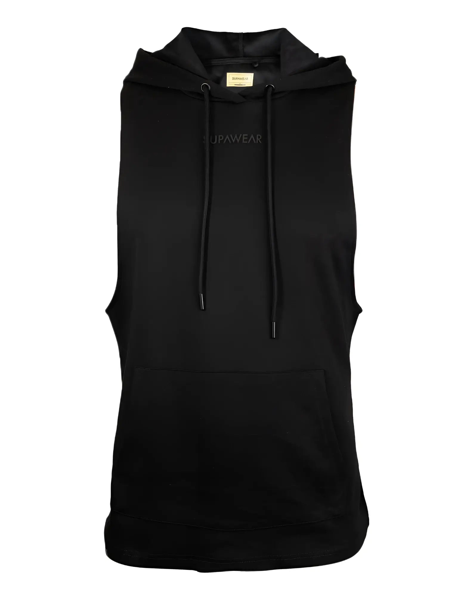 SupaWear black sleeveless hoodie with drawstring hood front pocket and subtle Sumawear logo embroidered on chest