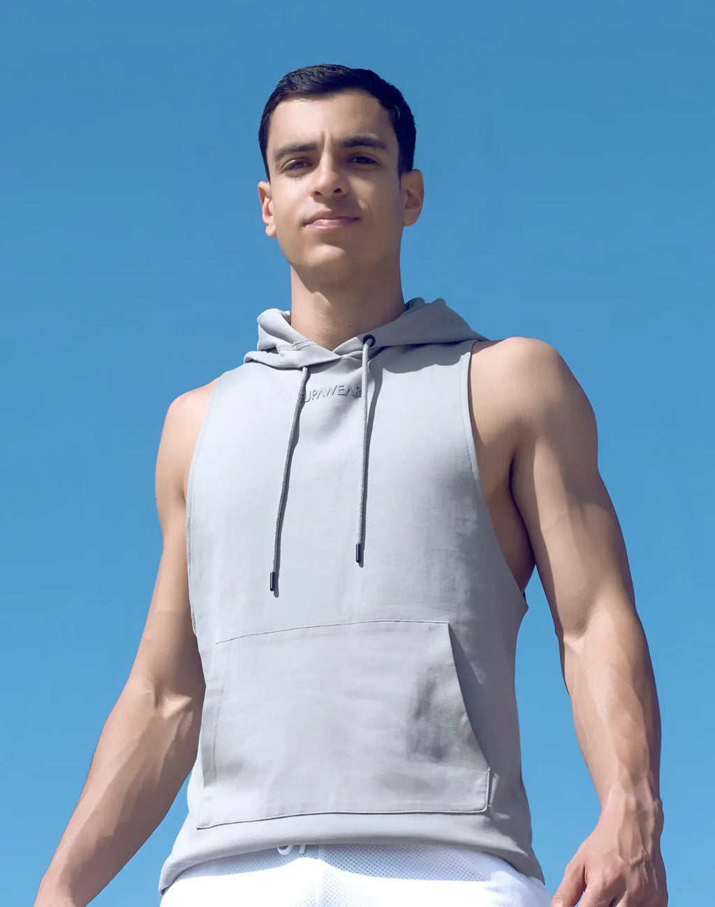 SupaWear sleeveless hoodie in grey features drawstrings and a front pocket made from soft fabric for casual wear