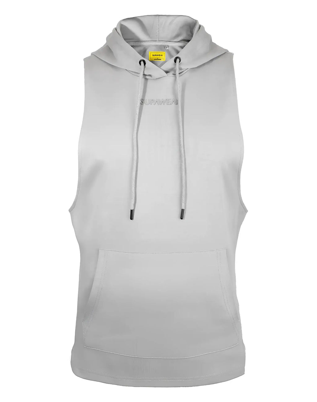 Light gray supawear sleeveless hoodie with front pocket drawstrings and embroidered logo on the chest