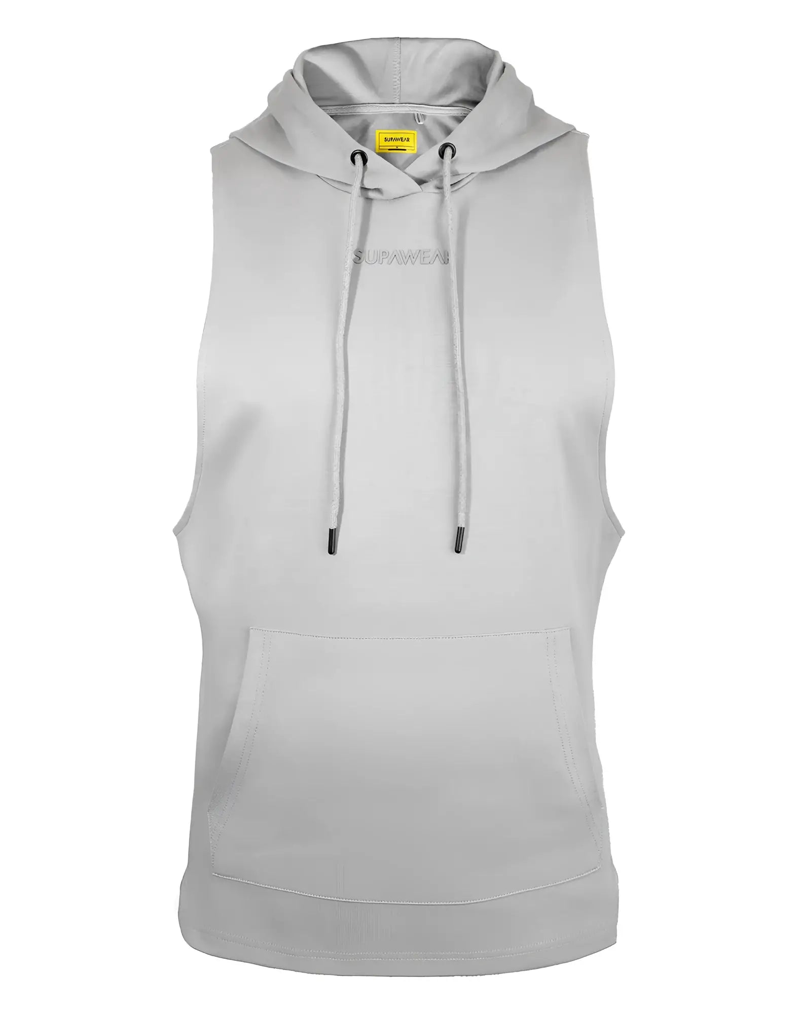 Light gray supawear sleeveless hoodie with front pocket drawstrings and embroidered logo on the chest