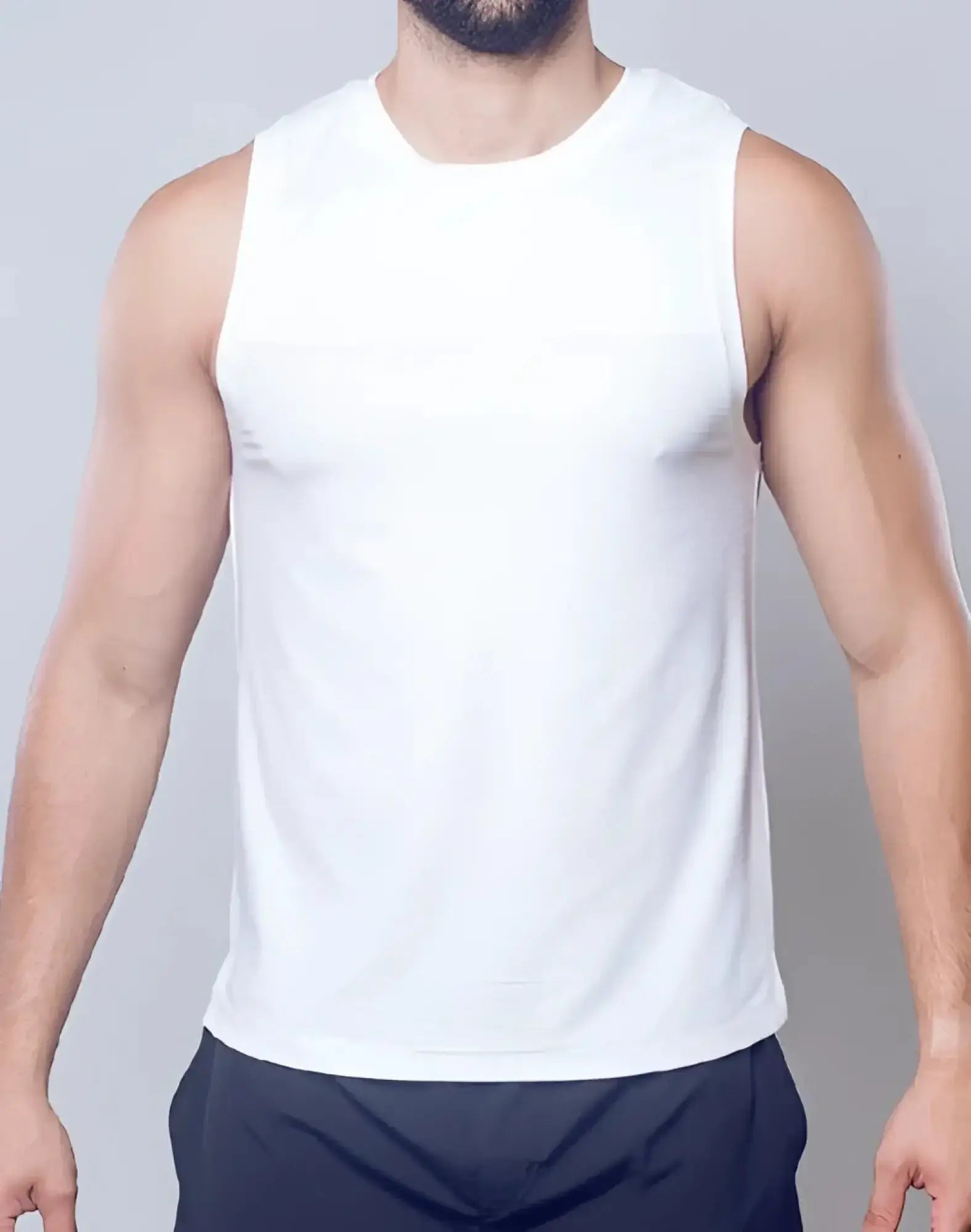 White sleeveless SUPAWEAR Solid & Mesh Tanktop with subtle textured weave designed for athletic performance
