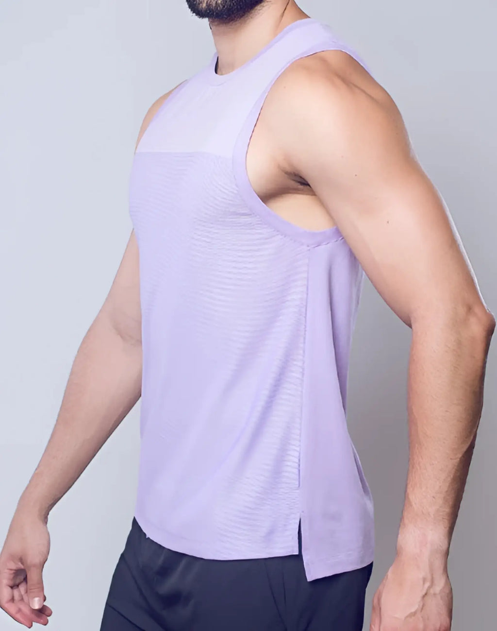 Lavender SUPAWEAR solid and mesh athletic tanktop with mesh paneling and side slit for activewear use
