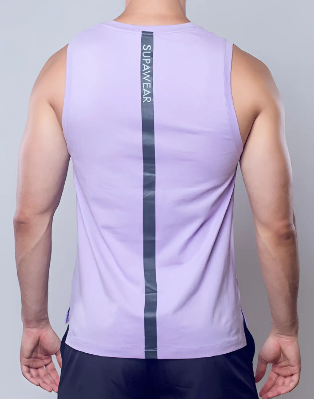 Back side of a lavender solid and mesh athletic tank top with a vertical black stripe and supawear branding
