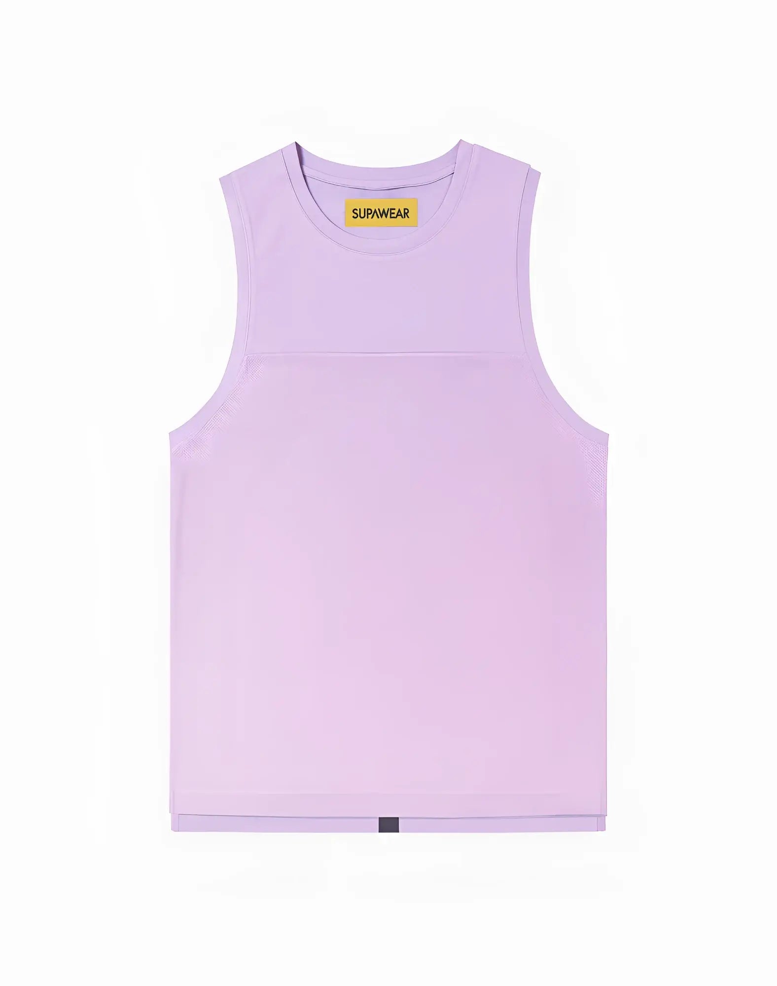 A soft lavender sleeveless supawear solid and mesh tanktop with subtle textured fabric and yellow brand tag at neckline