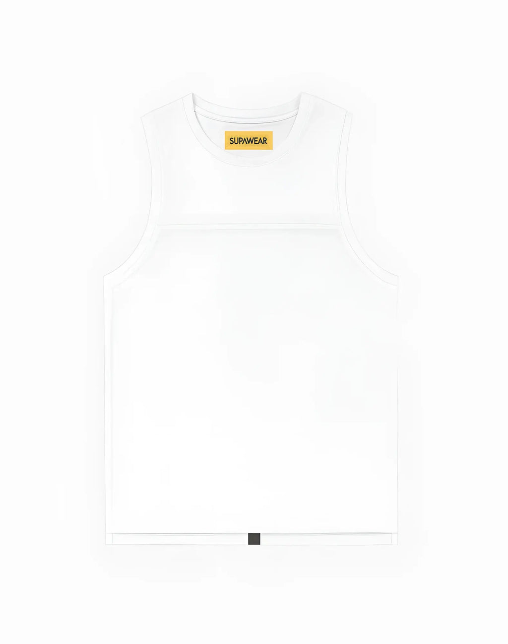 White supawear sleeveless tanktop with solid minimalist design mesh details and yellow label at neckline
