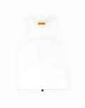 White supawear sleeveless tanktop with solid minimalist design mesh details and yellow label at neckline